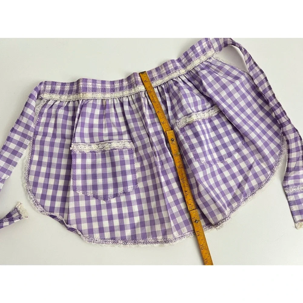 Vintage Purple Gingham Half Apron Lace Trim Rick Rack Two Pocket Retro Handmade